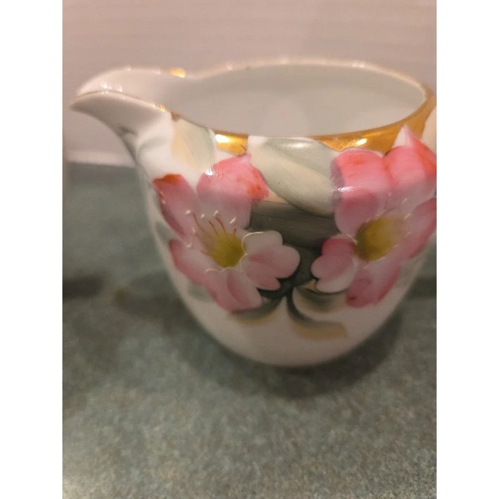 Vintage Noritake AZALEA Sugar Bowl w/ Lid & Creamer Hand Painted Pink Flowers